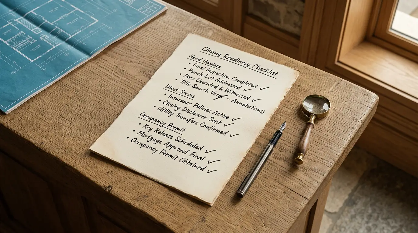 A closing-readiness board organized around buyer documents, funds, signatures, and an authorized handoff.