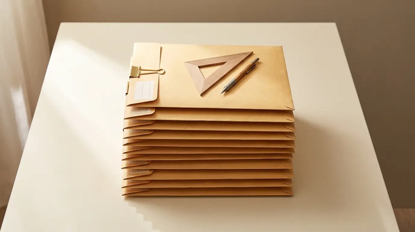 A connected buyer document file moving through requirement, receipt, review, and exception checkpoints.